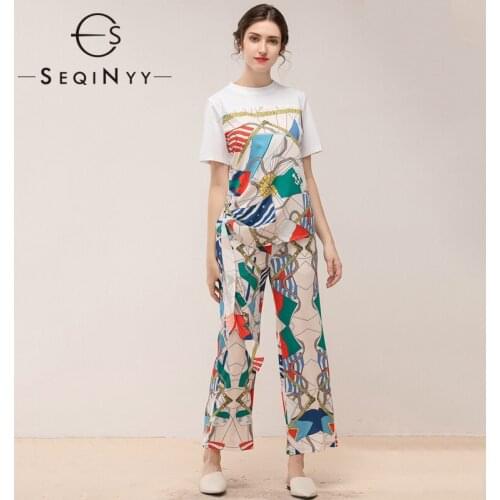 SEQINYY Women Set 2020 Summer Spring New Fashion Design Women Short Sleeve T shirt + Elastic Waist Loose Pants Print Suit Casual