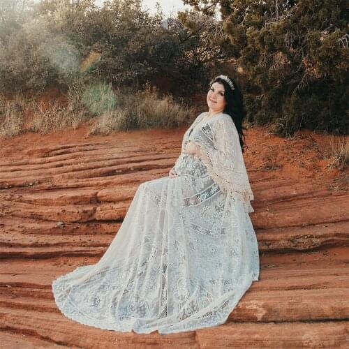 Photo Shoot Costume Boho Maxi Long Bell Sleeves Maternity Dress Pregnancy Gown Lace Robe for Woman Photography Props Baby Shower