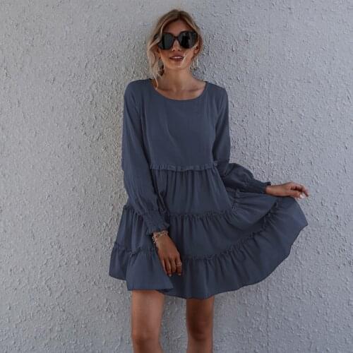 Women Cupcake Dress Elegant Fashion Full Length Regular Sleeve Round Neck Solid Color Draped High Waist Dress