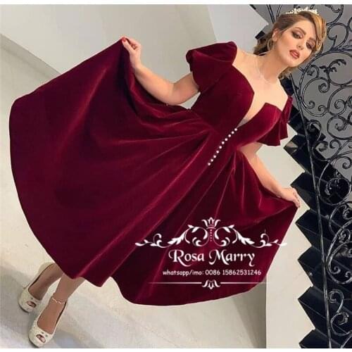 Burgundy Velvet Short Prom Dresses 2020 A Line Short Sleeves Tea Length Plus Size Cheap Arabic vestidos de fiesta de noche
