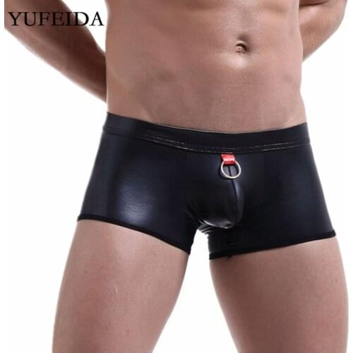 Sexy Men Underwear Boxers Faux Leather Boxer Shorts Low Waist U Convex Pouch Underpants Male Gay Sissy Panties Trunks Sleepwear