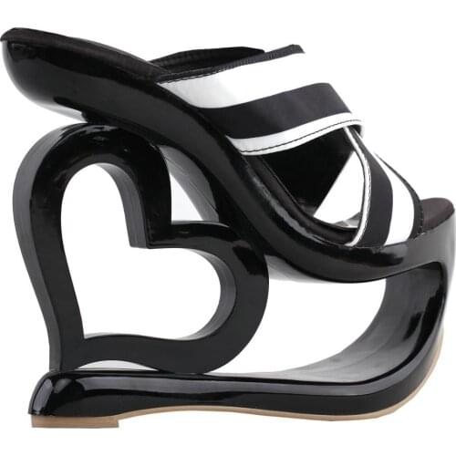 LF40218 SHOW STORY Glam Black White Cross Over Heart Heel Wedge Wedding Slip-ons Sandals