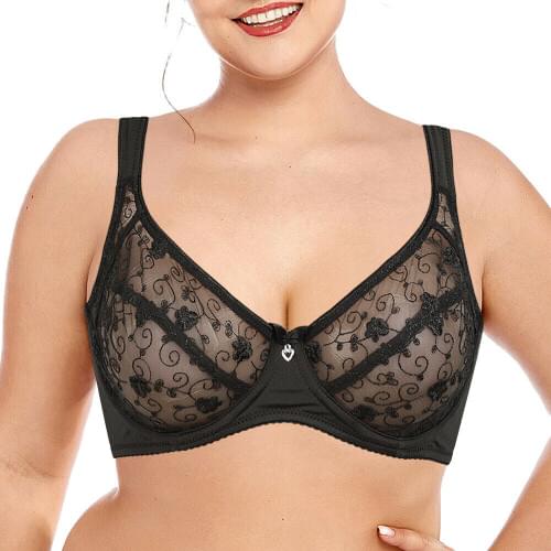 New Bra Sexy Women Big Size Underwear Lace Bralette Flower Cup Everyday Brassiere Ultra Thin Mesh Cups A B C D DD E F 34-44