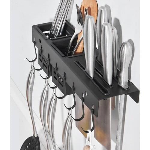Black Stainless Steel Wall Mounted Kitchen Storage Rack with Hooks for Knives Cutlery Utensils and Tools Accessories Organizer