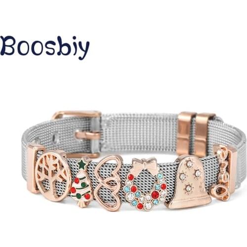 DIY Crystal Christmas Bells & Christmas Tree Slide Charm Beads Fits 10mm Stainless Steel Mesh Bracelet for Women Jewelry Gift