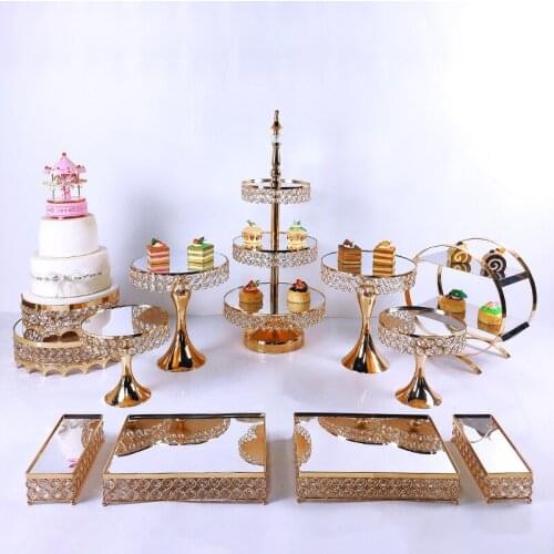 7-14pcs Crystal Metal Cake Stand Set Acrylic Mirror Cupcake Decorations Dessert Pedestal Wedding Party Display Tray