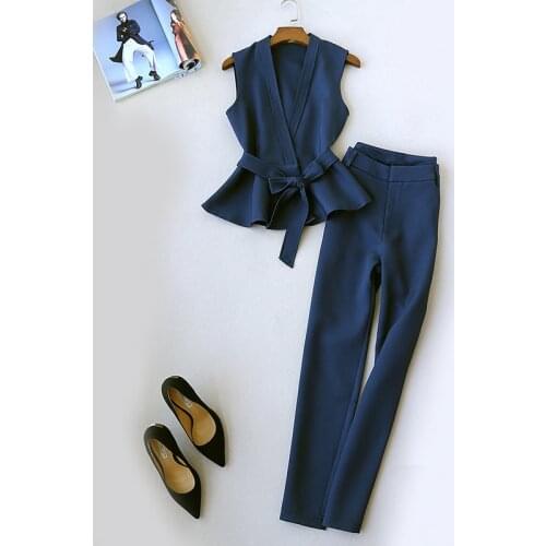 Finer Chois Must Have Office Ladies Elegant V-neck Peplum Vest + Pencil Pants Suit Trousers OL Set