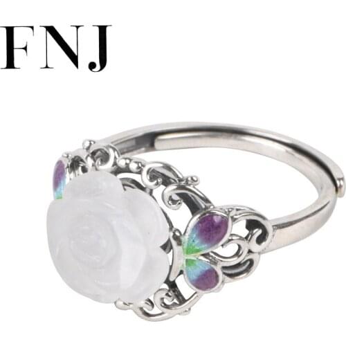 FNJ Cloisonne Butterfly Ring 925 Silver New Original S925 Sterling Silver Rings for Women Jewelry Adjustable size Rose Jade