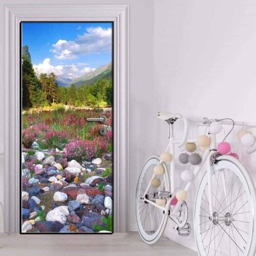 Creative Door Sticker Pretty Forest Under Blue Sky Door Cover Wall Stickers Kitchen Wallpaper Renew Mural Decal Home Decor