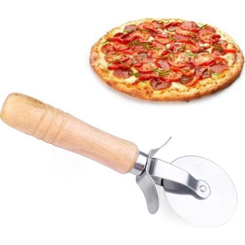 Round Pizza Cutter Stainless Steel Wooden Handle Pastry Dough Cut Tool Kitchen Baking Tools