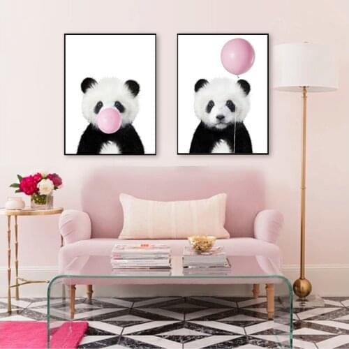 Cute Pink Balloon Baby Shower Gift Canvas Painting Baby Panda Print Animal With Bubble Gum Poster Nursery Wall Art Picture Decor