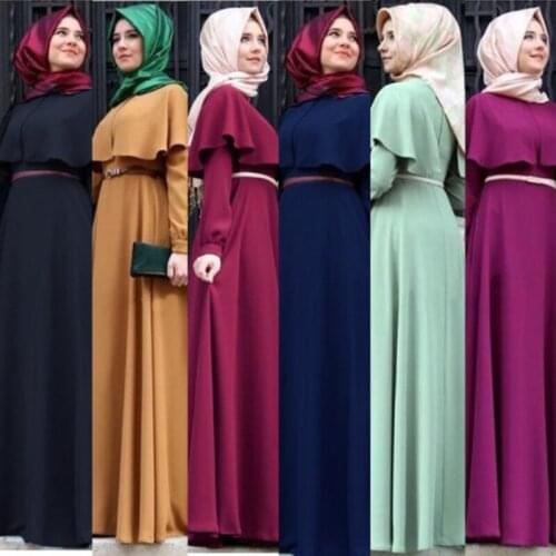Musulm Femme Islam Robe Vestidos Loose Long Sleeve Round Neck Dress with Waist Closure Islamic Clothing for Women Temperament