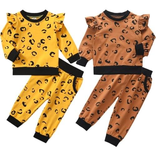 NEW 2020 Toddler Baby Girl Fall Spring Outfits Leopard Print Long Sleeve Ruffle Pullover Tops Pants 2Pcs Clothes Set 6M-4Y