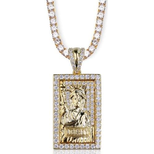 Hip Hop Rectangle Pendant Necklace Micro Pave Cubic Zirconia Statue of Liberty Gold Silver Color Plated Pendants Necklaces Bling