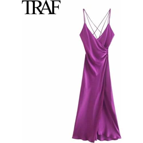 Traf Za Women Fashion Sleeveless Dresses Red Vintage Satin Dress Sexy Backless V-neck MIDI Dress Vestidos Mujer