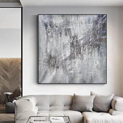 Cancas Poster Silver Leaf Abstract Artwork Oversize Square Wall Art Extra Large Silver White Textured Acrylic Painting on Canvas