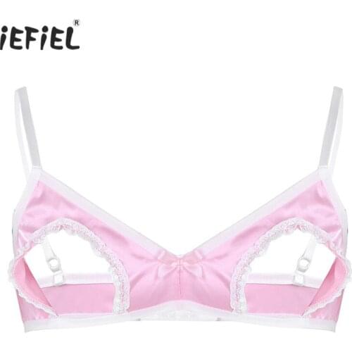 Gay Men Sissy Sexy Lingerie Open Cup Bra Top Bralette Soft Satin Adjusted Straps Hollow Out Wire-free No Padded Exotic Bra Tops