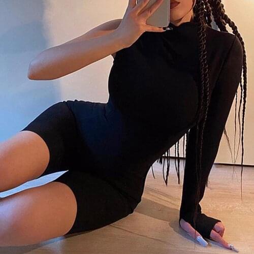 Sexy Women Solid Color Long Sleeve One Shoulder Thumb Hole Playsuit Skinny Jumpsuit Short Pajama Women Sleepwear Jumpsuit