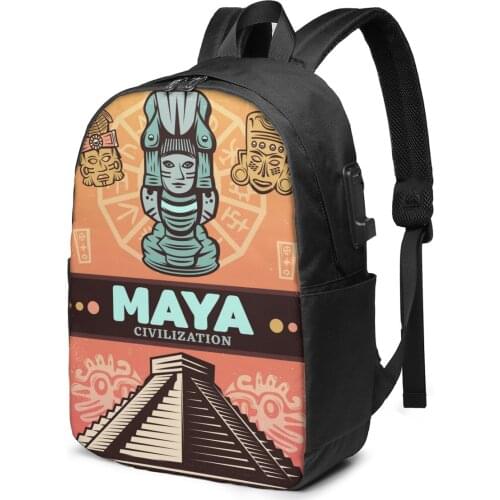 Teenage Backpack for School Boy Girl Ancient Maya Poster School Bag USB Charging Bookbag