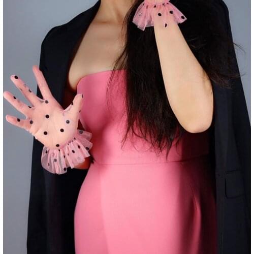 Blue Women Short Tulle Dots Gloves Slim Lace Lotus Leaf Sheers Evening Accessories Pink Full Finger Party Transparent Gloves