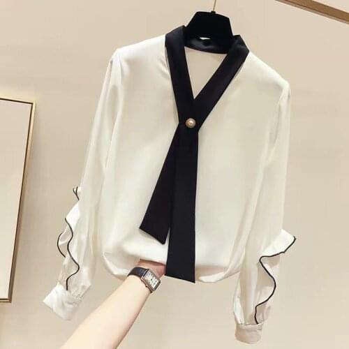 Spring and autumn new fashion slim color matching V-neck long-sleeved chiffon shirt female large size S-2XLhigh quality hot sale