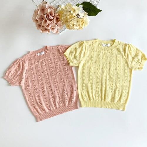 Vintage Knitt Shirt for Girls Clothes Summer Short Sleeve Toddler Girls Clothing Hallow Out Breathable Cotton Children Pullovers