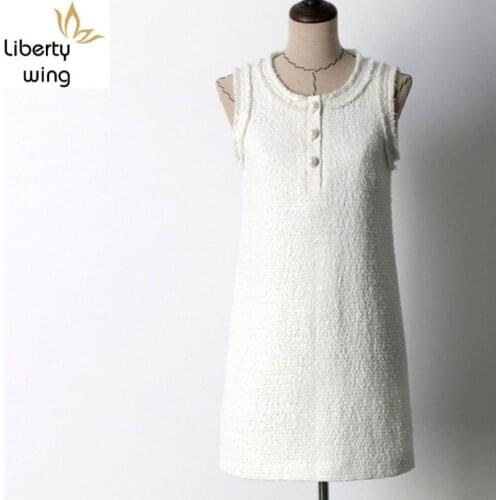 Elegant Women Tweed Fashion Sexy Sleeveless Beading Summer Dresses Office Lady Work Clothes White O-Neck Dress Female New