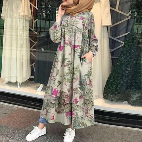 Muslim Hijab Dress Women Vintage Long Sleeve Marocain Kaftan Maxi Dress 2021 Autumn Printed Vestidos Female Loose Robe Plus Size