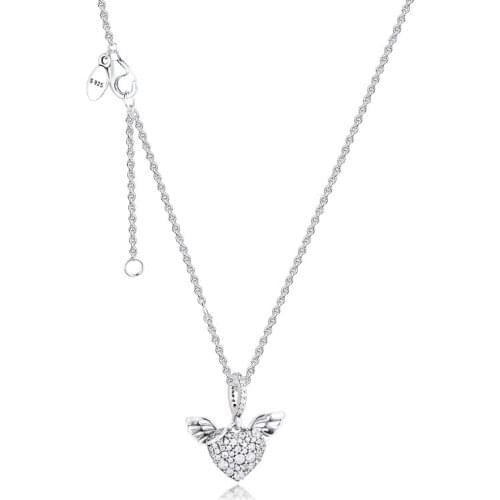 100% 925 Sterling-Silver-Jewelry Pave Heart & Angel Wings Necklaces Pendants Free Shipping