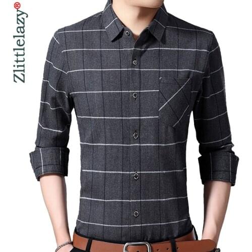 2020 Brand Casual Pocket Plaid Long Sleeve Slim Fit Men Shirt Streetwear Social Dress Autumn Shirts Mens Fashions Jersey 92310