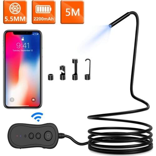 5M Cable Length 5.0MP WiFi Endoscope, HD Inspection Camera IP67 Waterproof Wireless Endoscope Snake Semi-Rigid Cable 6 LED PQ303