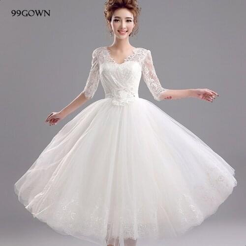 99GOWN 2021 Luxury Satin Wedding Dress Women Three Quarter Sleeve A-Line Ball Gown For Wedding Lace-Up V-Neck Wedding Gown