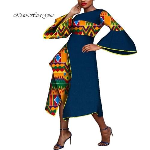 African Dress for Women Africa Bazin Riche Print Elegant Flare Sleeve Bodycon Party Dresses Lady Women Midi Dress wy4443