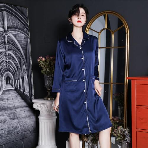 CAIYIER 2020 Silk Nightgown Sexy Lace Sleepwear Long Sleeve Turn-down Collar Night Dress Lingerie Bathrobe Gown Large Size M-3XL