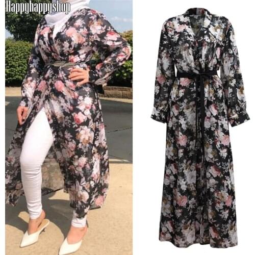 Elegant Floral Printed Dress Women EID Kaftan Abaya Kimono Cardigan Dubai Ethnic Muslim Islamic Robe Jilbab Maxi Dresses