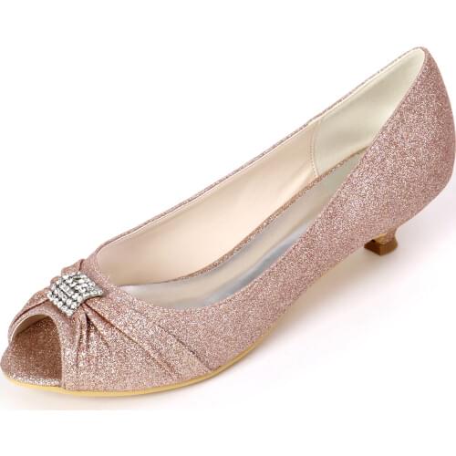 Elegant bling glitter woman kitten heels open toe lady pumps with pleased crystal bridal wedding party prom cocktail dress shoes