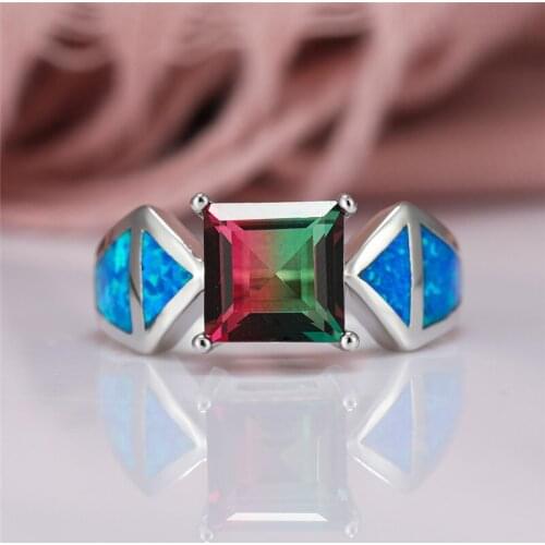 8MM Square Rainbow Gradient Zircon Ring White Gold Blue Fire Opal Engagement Rings For Women Wedding Jewelry Bridal Luxury Gifts