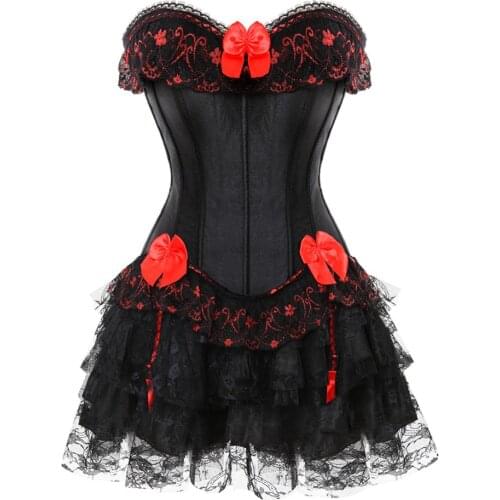 Corset Bustier with Tutu Petticoat Skirt Steampunk Lace Trim Plus Size Zip Korsage Sexy Dress for Women Party Club Night