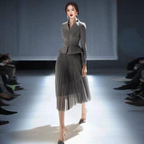 High Quality Autumn Winter Vintage Ladies V NeckTemperament Mesh Patchwork Two Pieces Set OL High Waist Work Skirt Suit