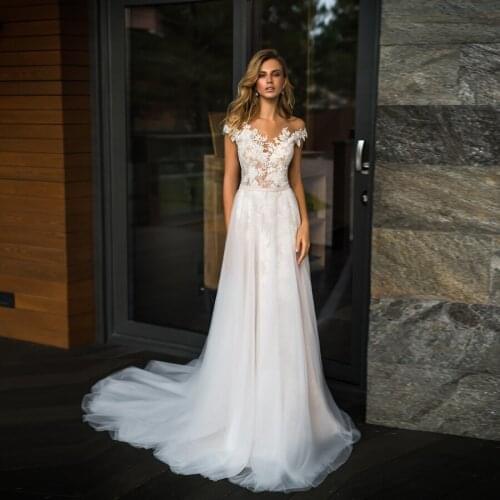 Fashion Illusion O-Neck A-Line Lace Wedding Dress Appliques Custom Made Floor Length Removable Skirt Bridal Dresses