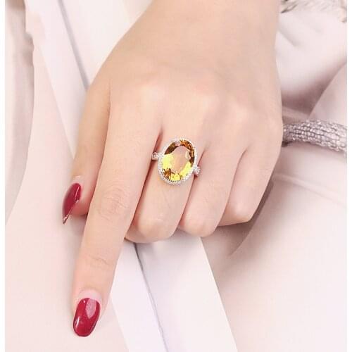 MOONROCY Crystal Rings Silver Color Yellow Trendy Oval Classical Wedding Ring Jewelry for Women Female Gift Dropshipping