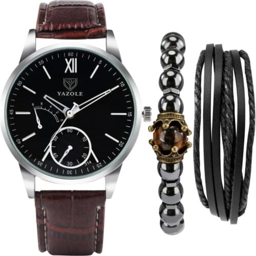 Watch Bracelet Gifts Set Mens Quartz Minimalist Black Dial Watches Brown Leather Strap Band Pin Buckle Male Bangles Best Gift