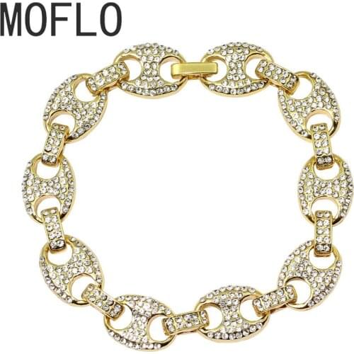 MOFLO 2020 New 12mm Punk Street Hip Hop Char Pig Nose Bracelet Bling Iced Out Chain Alloy Paved Diamonds Bracelet for Rapper