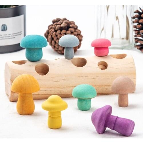 Montessori Educational Wooden Rainbow Blocks Mushroom Picking Game Wooden Baby Toys Developmental Shape Matching Assembly Grasp