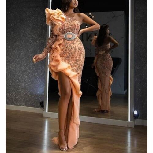 Peach Asymmetrical Prom Dresses One Shoulder Formal Dress Crystal Beaded Sexy Long Prom Gowns Ruffles