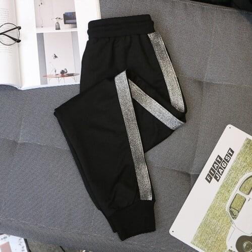 Plus Size 5XL Harem Pants For Women Side Drilling Striped Rhinestone Loose Sport Trousers Cotton Drawstring Waist Bottoms Spring