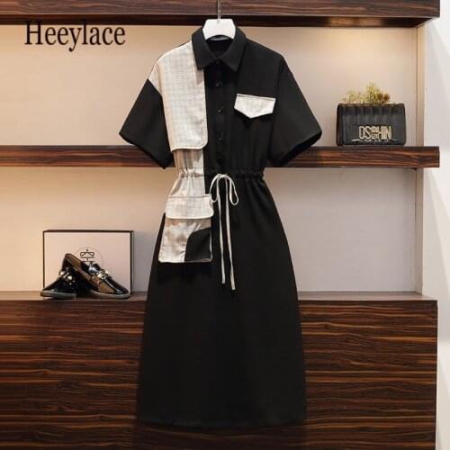 Plus size women plaid patchwork Summer dresses office ladies short sleeve polo collar high waist vintage long dress female robe