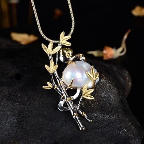 Retro Thai Silver Jewelry Bamboo Leaf Design Pearl Pendant And Brooch Dual-use Natural Baroque Fashion Creative Womens Jewelry