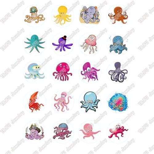 40pcs/lot 10mm 12mm 14mm 16mm Round Cartoon Octopus Pattern Glass Cabochon for DIY Jewelry Making Findings & Components T053