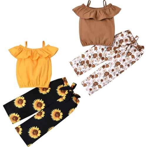 2021 New Summer 9M-4Y Baby Girl 2Pcs Set Ruffled Neck Off Shoulder Flared Short Sleeve Top+Bow Floral Print Pants Clothes